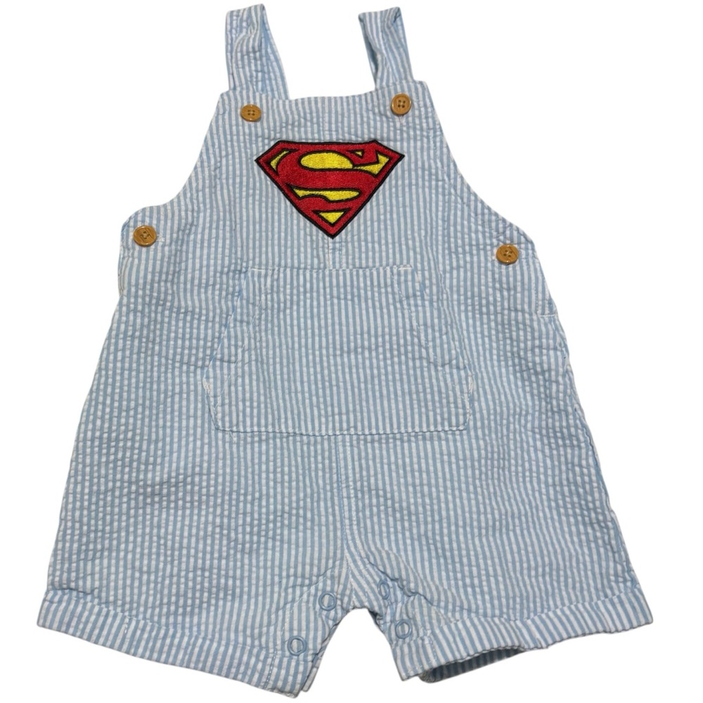 DC Comics seersucker Superman overall shortalls size 6-9 Mo